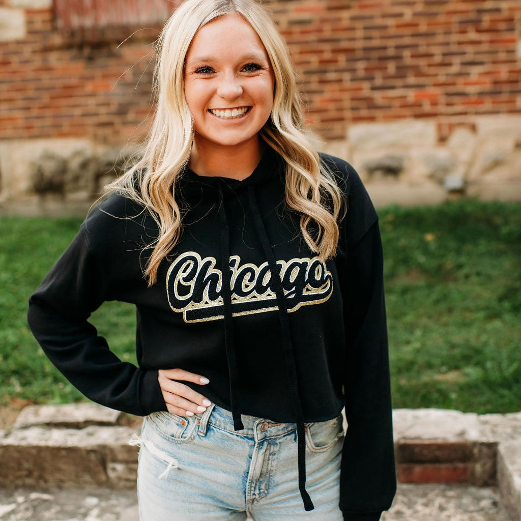 Chicago Black Chenille Crop Hoodie