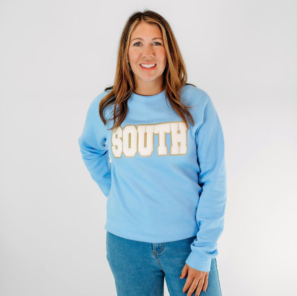 South Chenille Patch on a Light Blue Unisex Crewneck
