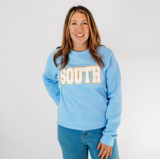 South Chenille Patch on a Light Blue Unisex Crewneck