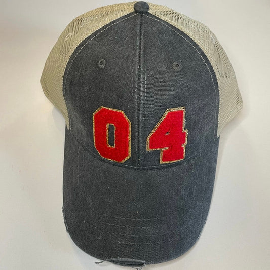 Personalized Distressed Black Hat with Red Chenille Numbers