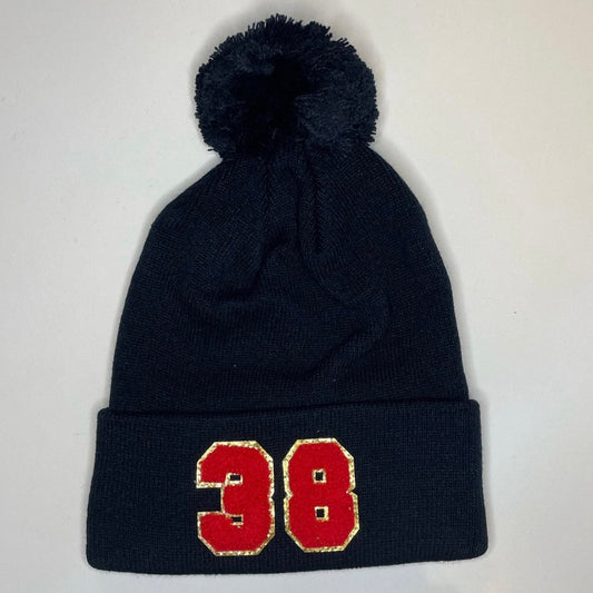 PERSONALIZED Black stocking hat with Red Chenille numbers