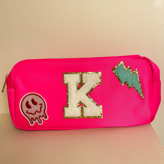 PERSONALIZED Initial Hot Pink Nylon Make Up Bag