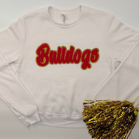 Bulldogs Red Chenille Patch in a Women's FITTED Crewneck (see pictures for Sweatshirt Style)