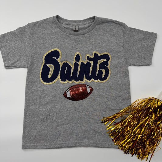 Saints YOUTH & ADULT Unisex Tee with Sequin Football or Cheer Patch