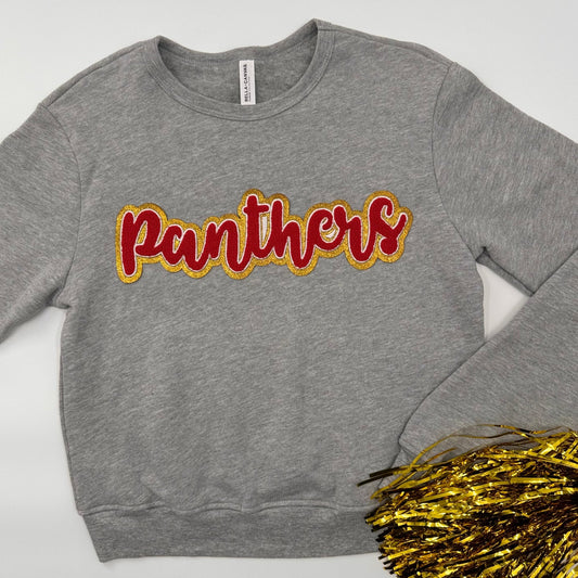 Panthers Glitter FITTED Women's Crewneck with Script Chenille Patch (see pictures for Sweatshirt Style)