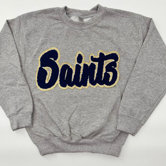 Saints UNISEX Crewneck with White Chenille Letters (see pictures for Sweatshirt Style)