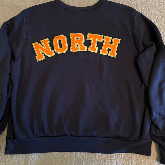 North Glitter RELAXED Crewneck with Orange Chenille Letters (see pictures for Sweatshirt Style)