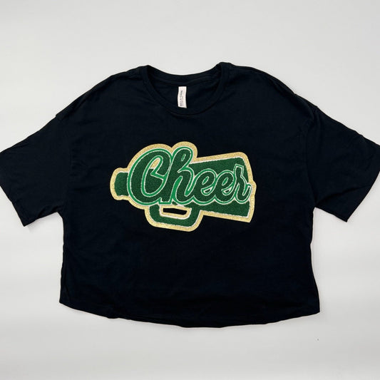Cheer Green Chenille Patch in a Women's Flowy Cropped Tee