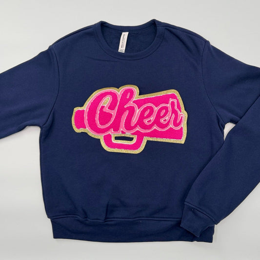 Cheer Pink Chenille Patch in a Women's FITTED Crewneck (see pictures for Sweatshirt Style)