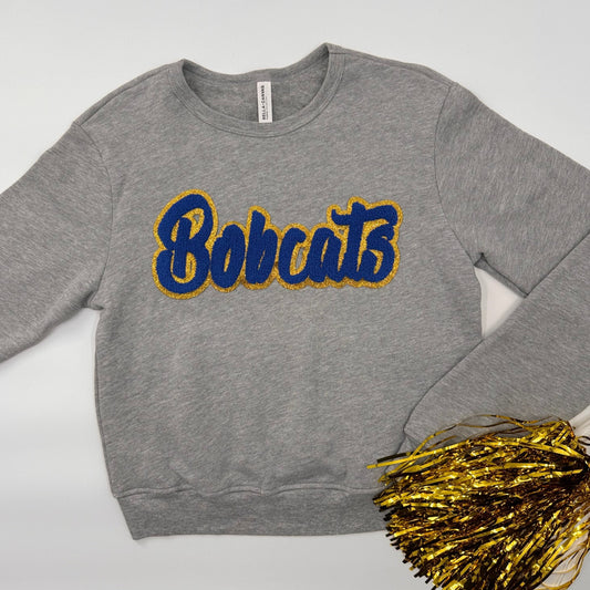 Bobcats Chenille Patch in a Women's FITTED Crewneck (see pictures for Sweatshirt Style)