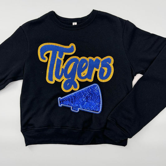 Tigers Chenille Patch with Sequin Megaphone in a Women's UNISEX Crewneck (see pictures for Sweatshirt Style)