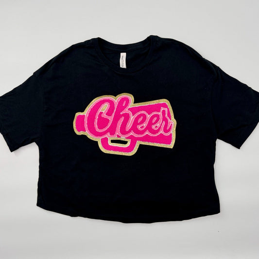 Cheer Pink Chenille Patch in a Women's Flowy Cropped Tee