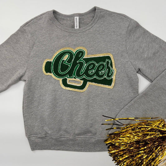Cheer Green Chenille Patch in a Women's FITTED Crewneck (see pictures for Sweatshirt Style)