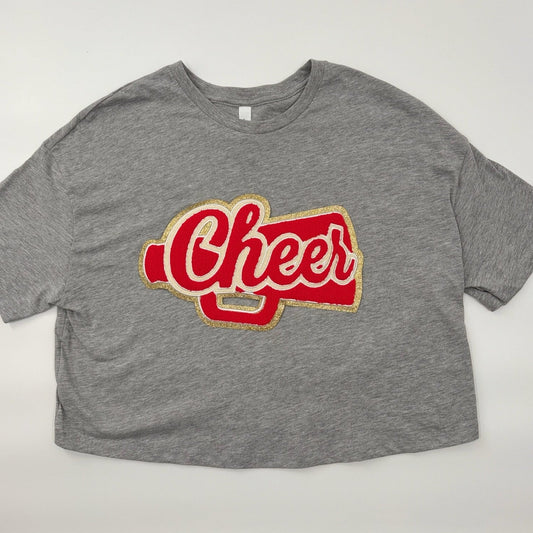 Cheer Red Chenille Patch in a Women's Flowy Cropped Tee