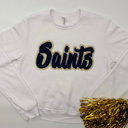 Saints Women's FITTED Crewneck with Navy Chenille Patch (see pictures for Sweatshirt Style)