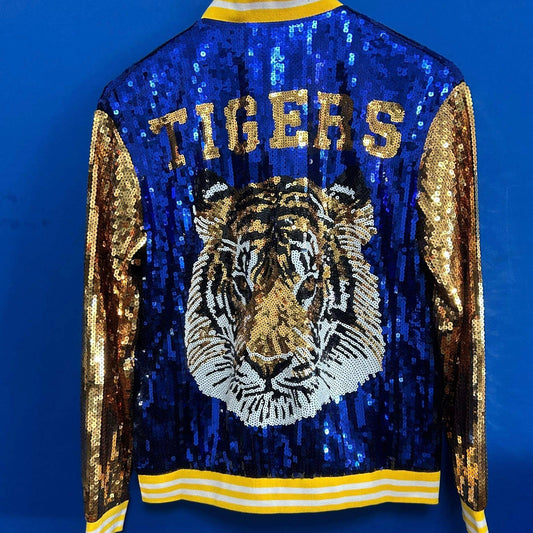 Blue and Gold Sequin Tiger Jacket Pre Order