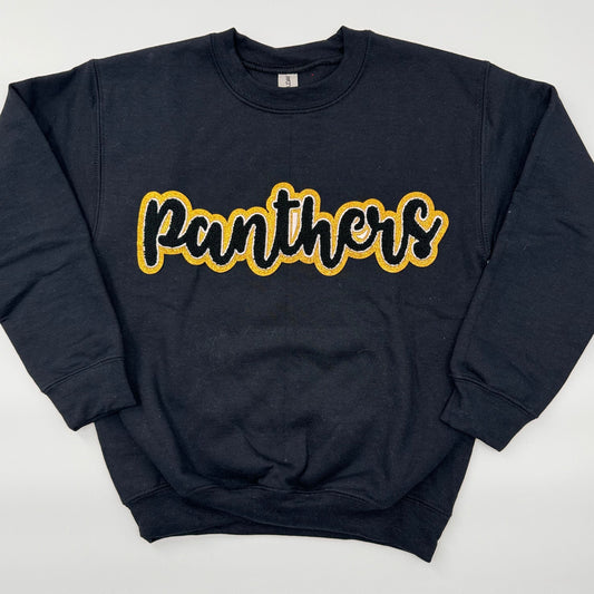 Panthers Black Chenille Patch in a Women's UNISEX Crewneck (see pictures for Sweatshirt Style)