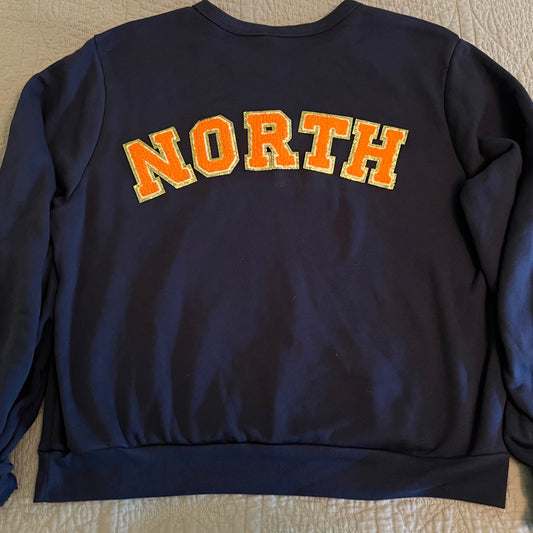 North Glitter Women's FITTED Crewneck with Orange Chenille Letters (see pictures for Sweatshirt Style)