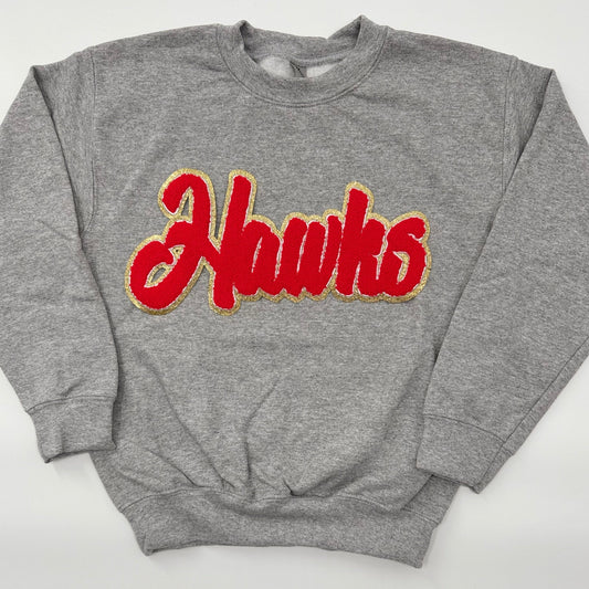 Hawks Red Chenille Patch in a YOUTH & ADULT Crewneck