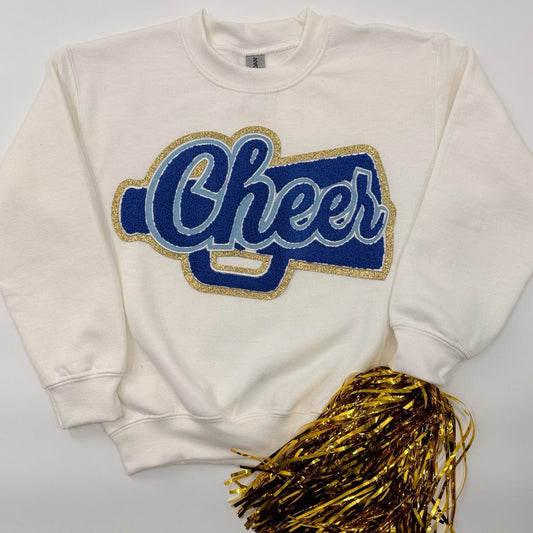 Cheer Blue Chenille Patch in a YOUTH & ADULT Relaxed Crewneck