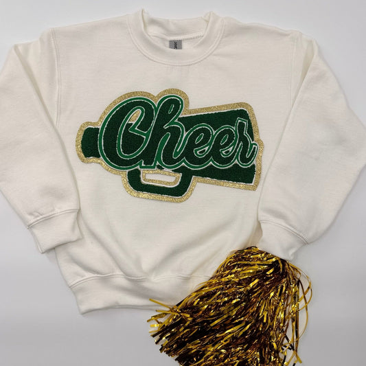 Cheer Green Chenille Patch in a YOUTH & ADULT Relaxed Crewneck
