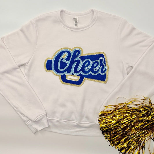 Cheer Blue Chenille Patch in a Women's FITTED Crewneck (see pictures for Sweatshirt Style)