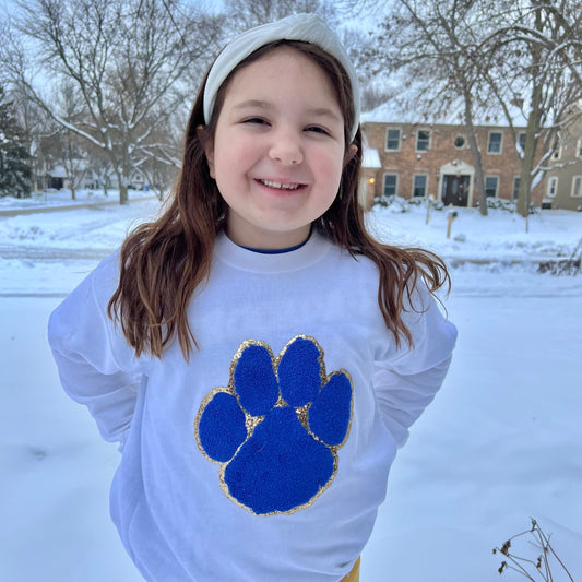 Chenille Patch Blue Paw Print in a Youth Crewneck
