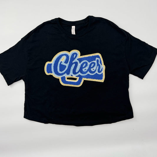 Cheer Blue Chenille Patch in a Women's Flowy Cropped Tee