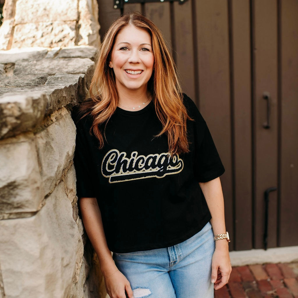 Chicago Black Chenille Cropped Tee