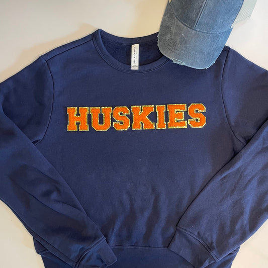 Huskies Glitter Women's FITTED Crewneck with Orange Chenille Letters (see pictures for Sweatshirt Style)