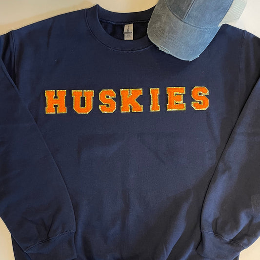 Huskies Glitter RELAXED Crewneck with Orange Chenille Letters (see pictures for Sweatshirt Style)