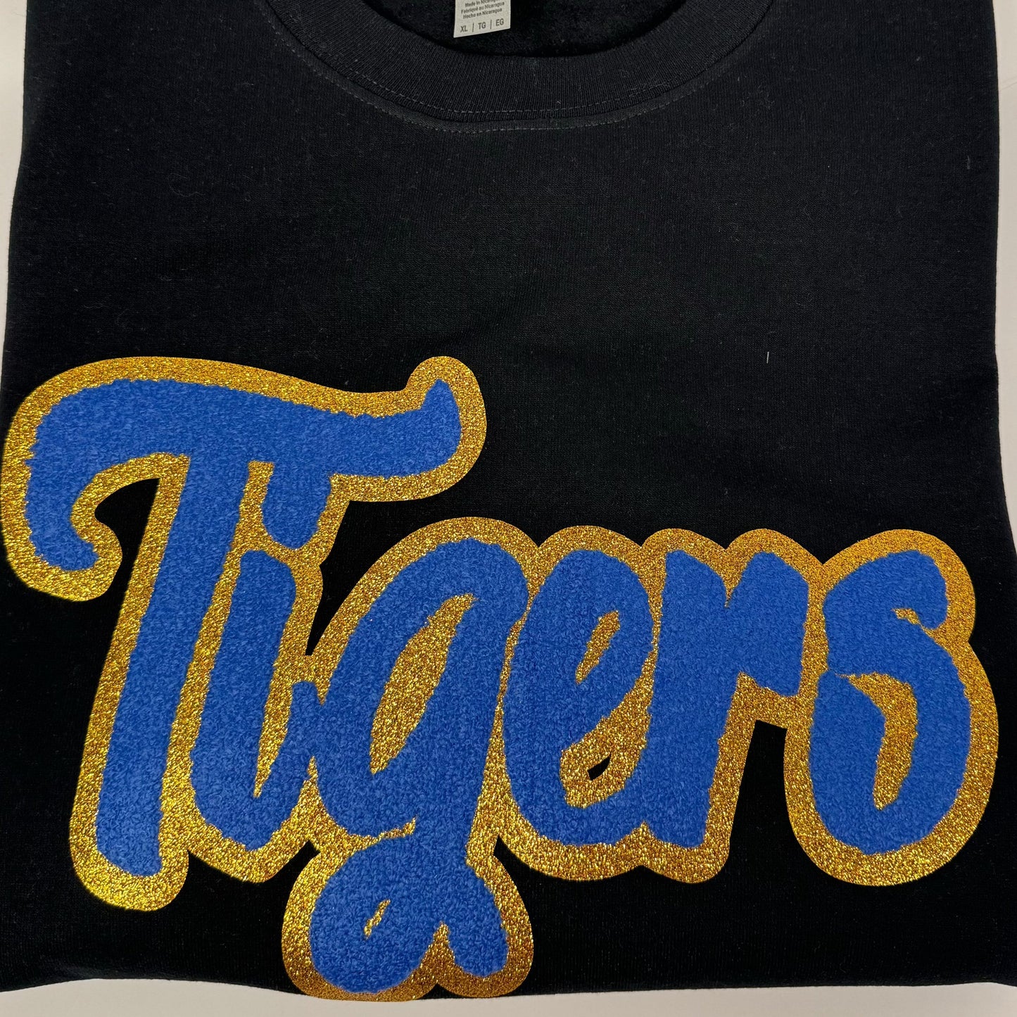 Tigers Chenille Patch with Sequin Megaphone in a Women's UNISEX Crewneck (see pictures for Sweatshirt Style)