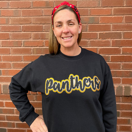 Panthers Black Chenille Patch in a Women's FITTED Crewneck (see pictures for Sweatshirt Style)