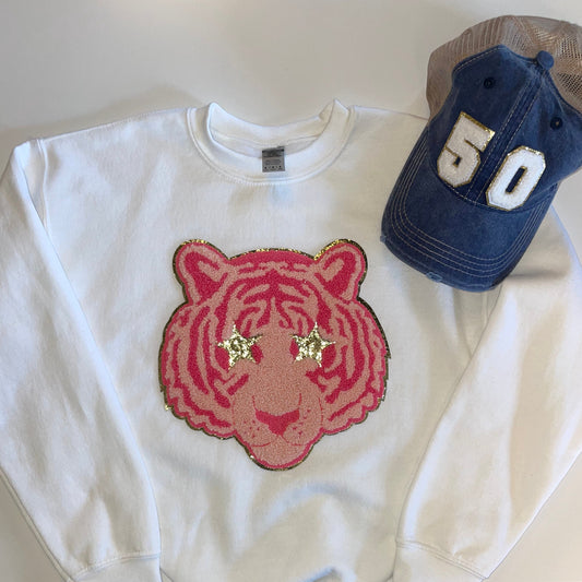 Pink Out Tigers Youth & Women's RELAXED Crewneck with Pink Tiger Chenille Patch