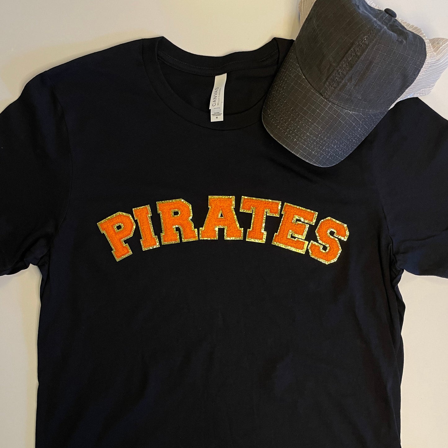 Pirates Glitter Women's Tee with Orange Chenille Letters