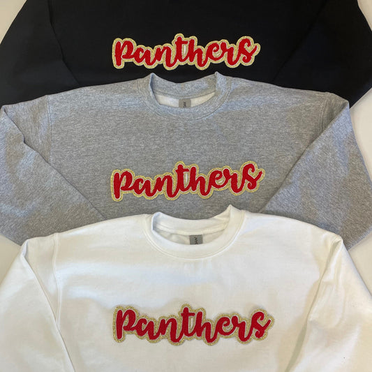 Panthers Glitter UNISEX Women's Crewneck with Script Chenille Patch (see pictures for Sweatshirt Style)