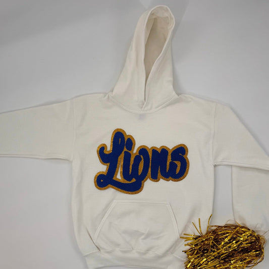 Lions Chenille Patch in a YOUTH Hooded Sweatshirt