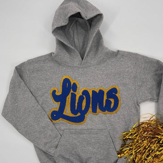 Lions Chenille Patch in a UNISEX Hooded Sweatshirt